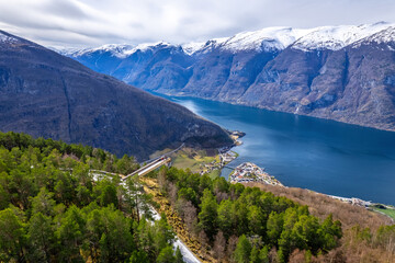 View from the Stegastein platform overlooking Aurlandsfjord, Aurland, Norway, Scandinavia, Europe