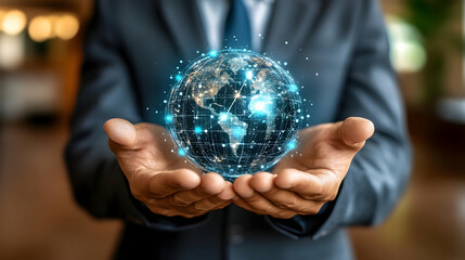 Fototapeta premium Businessman Holding Glowing Digital Globe in Hands