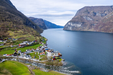 Beautiful overview of the fishing village Undredal on the mountain near Flam in Norway.