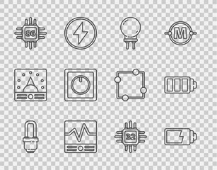 Set line LED light bulb, Battery charge level indicator, Light emitting diode, Electrical measuring instruments, Processor with microcircuits CPU, switch, and icon. Vector