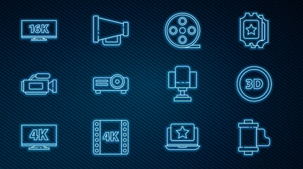 Set line Camera vintage film roll cartridge, 3D word, Film reel, Movie, film, media projector, Cinema camera, Screen tv with 16k, Director movie chair and Megaphone icon. Vector