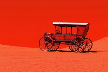 Red carriage rests on vibrant red sand under clear blue sky in an expansive desert landscape