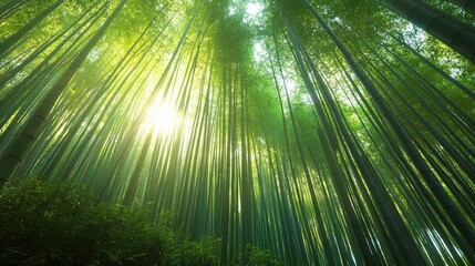 Fototapeta premium Lush green bamboo forest canopy illuminated by sunlight.