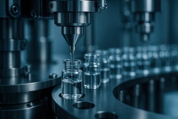 Automated Vial Filling Process Pharmaceutical Manufacturing Close-up