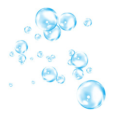 Cluster of tiny blue bubbles scattered in white space.