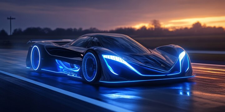 Hydrogen-powered hypercar with neon lights speeding at sunset on futuristic track