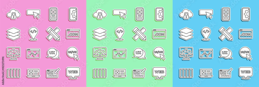 Poster set line web and graphic design, ui or ux, front end development, layers, cloud computing lock and c