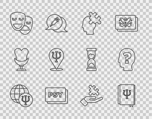 Set line Psychology, Psi, book,, Solution to the problem, Comedy and tragedy masks, and Head with question mark icon. Vector