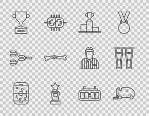 Set line Planning strategy, Ice resurfacer, Hockey over sports winner podium, Award cup, Human broken bone, mechanical scoreboard and Crutch crutches icon. Vector