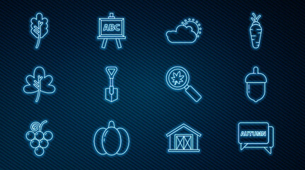 Set line Speech bubble with text autumn, Acorn, Sun and cloud weather, Shovel, Leaf leaves, Magnifying glass leaf and Chalkboard icon. Vector