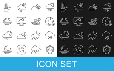 Set line Weather forecast, Storm, Water drop percentage, Windy weather, Location cloud, Sunrise, Meteorology thermometer and icon. Vector
