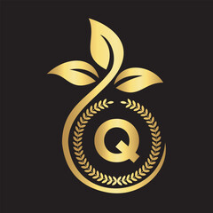 Eco Logo On Letter Q With Green Leaf and Ribbon Symbol