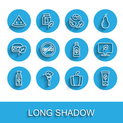 Set line Organic cosmetic, Vegan food diet, Watermelon, Bell pepper, No GMO, and Essential oil bottle icon. Vector