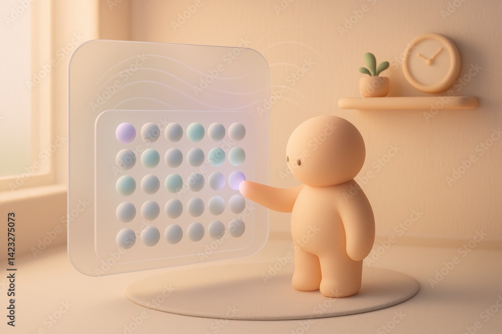 Poster digital connection: a whimsical figure reaches out to interact with an illuminated digital display, 