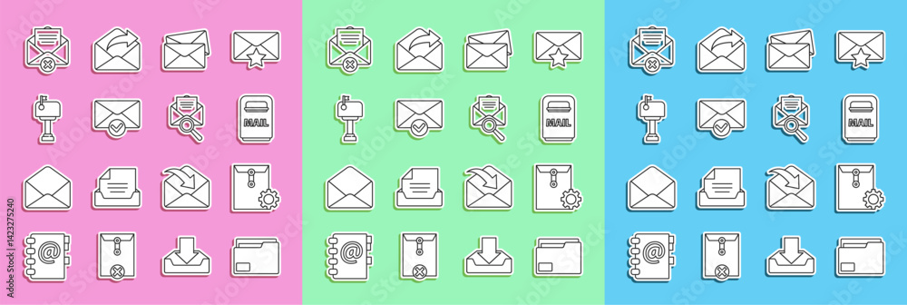 Aufkleber set line document folder, envelope setting, mail box, and check mark, delete envelope and with magni