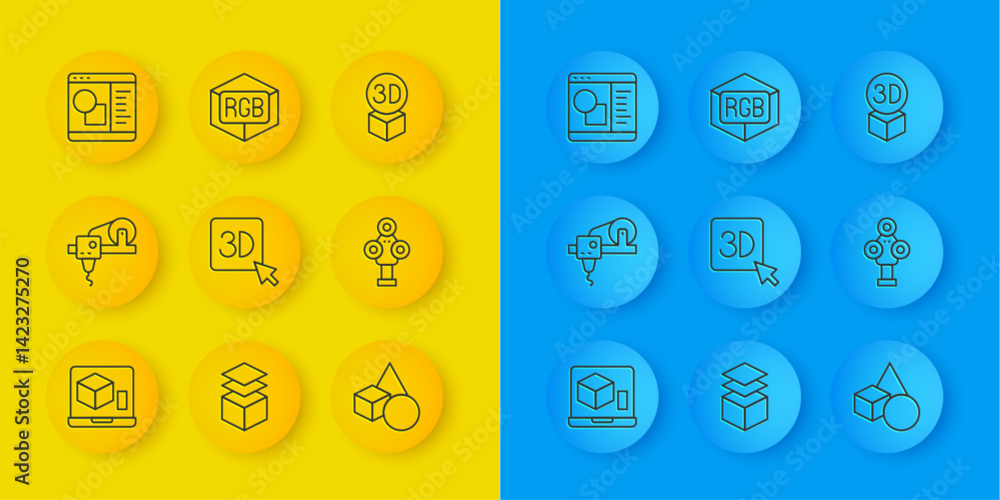 Poster set line 3d printer, basic geometric shapes, scanner, software, isometric cube and rgb and cmyk colo