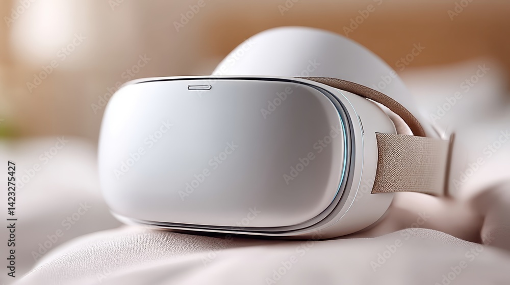 Poster hotel technology automation service concept. a sleek virtual reality headset resting on a soft surfa