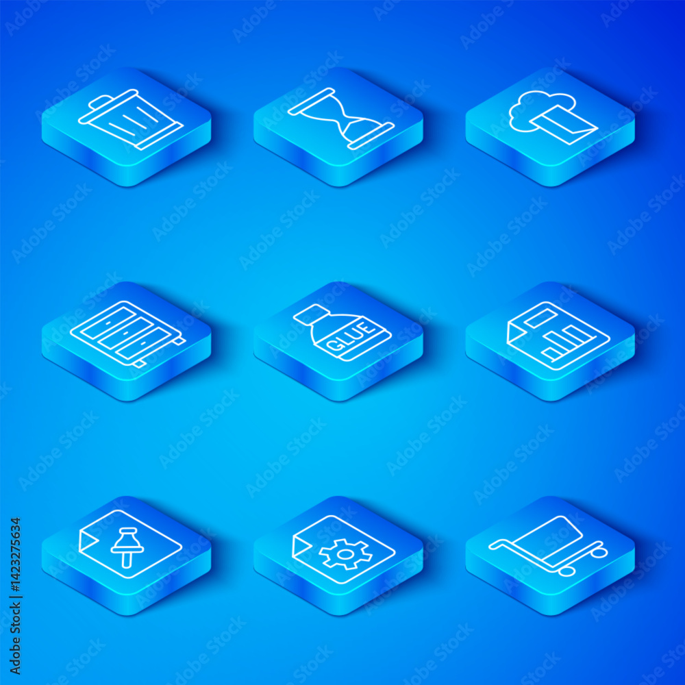 Poster set line note paper with push button, glue, document settings, graph chart, cloud database, archive 