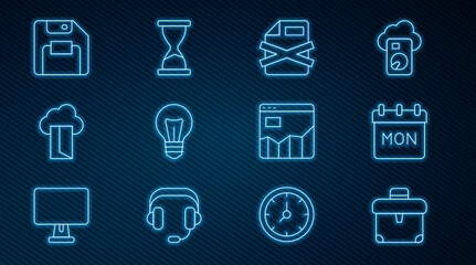 Set line Briefcase, Calendar, Delete file document, Light bulb, Cloud database, Floppy disk, Graph chart infographic and Old hourglass icon. Vector