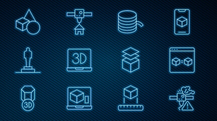 Set line 3D printer warning, perfect copy, Filament for, model, Basic geometric shapes, Layers and house icon. Vector