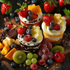 Fruits and other ingredients, such as strawberries, blueberries, kiwi, grapes, orange slices, caramel pieces, and chocolate chunks