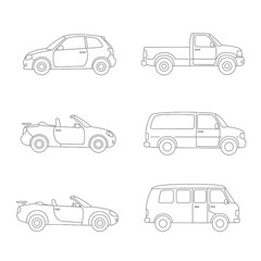Fototapeta premium Outline drawing of fast Lamborgini car, sport car from side and front view. Vector doodle illustration, design for coloring book or print