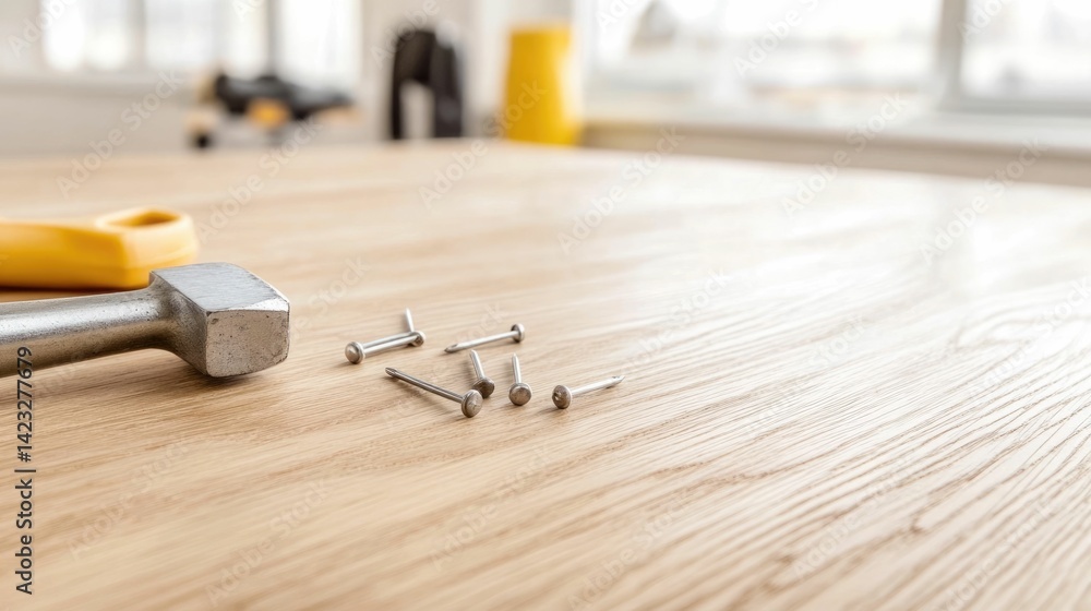 Poster closeup view of a claw hammer and assorted nails resting on a weathered textured wooden surface symb