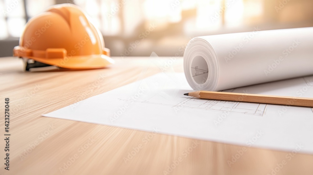 Poster a hardhat blueprints and a pencil arranged on a studio desk symbolizing the planning and involved in