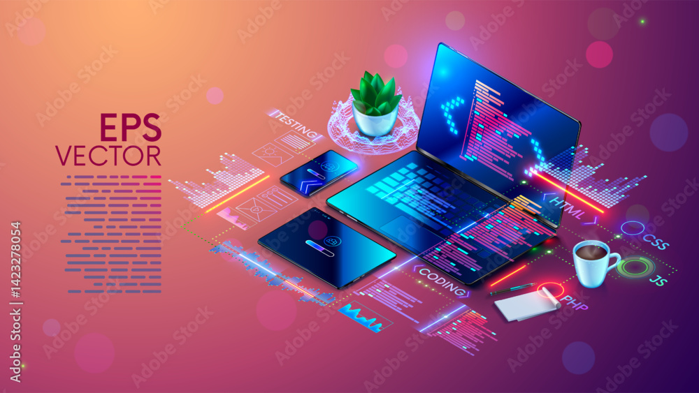 Fototapete Software development concept. Programming, debugging program or code for laptop, phone, tablet. Creation adaptive Software application. Software development education or learning. Computer technology