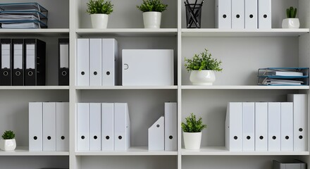 Organized Office Workspace Modern White Shelving with Files and Plants – Inspiring Productivity and Efficiency