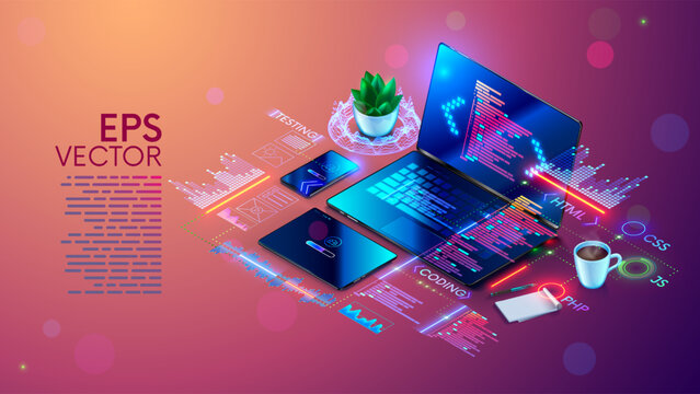 Software development concept. Programming, debugging program or code for laptop, phone, tablet. Creation adaptive Software application. Software development education or learning. Computer technology