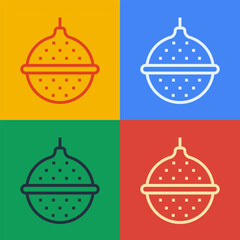 Pop art line Ball tea strainer icon isolated on color background. Vector