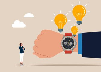 Hand businessman with wrist watch with speech bubbles. Think big, aspiration to win and success in business, big idea from creativity and imagination to overcome fear. Value increases over time.