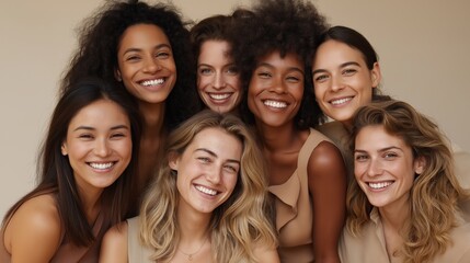 Seven women of different backgrounds and hairstyles share laughter and joy in a warmly lit setting. Each one radiates positivity, showcasing natural beauty and friendship