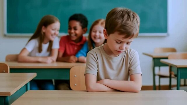 A young boy with a sad expression sits alone at a desk while three other children laugh together in the background, possibly illustrating a case of selective mutism and social isolation. - Powered by Adobe