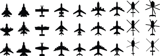 Airplane mood icon set aerodrome plane air vector aviation silhouette outline flight sign. Aviation pictogram. Aircraft concept isolated. different style vector image clip art transparent background