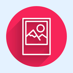 White line Photo frame icon isolated with long shadow background. Vintage empty photos frame. Red circle button. Vector