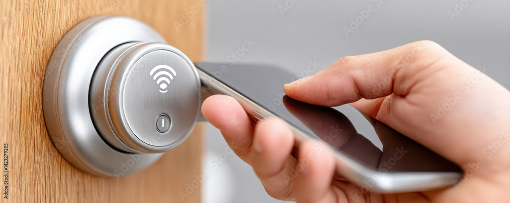 Aufkleber hotel technology automation service concept. a hand using a smartphone to unlock a smart door lock w