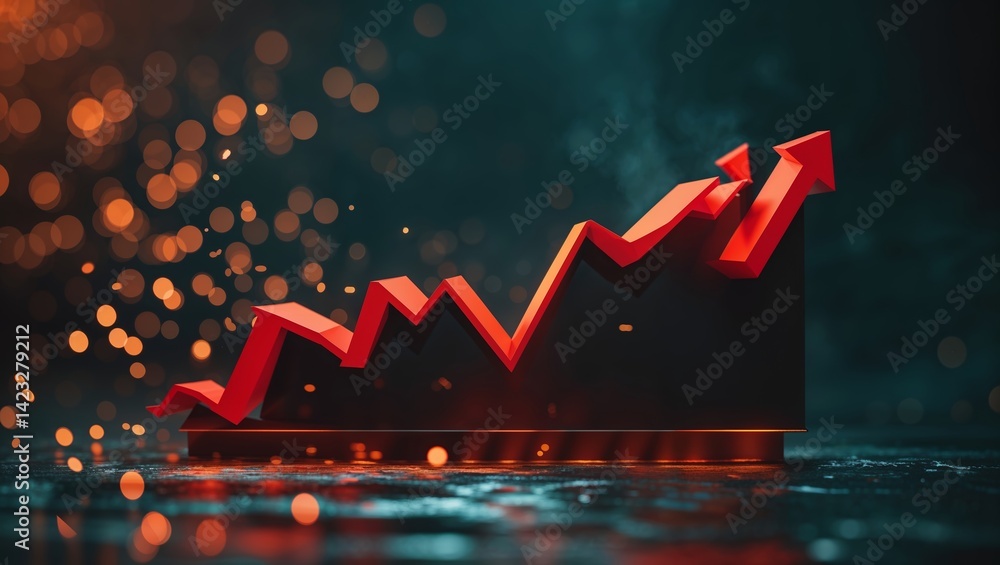 Poster financial growth displayed through a rising red graph with sparkling bokeh background illustrating s