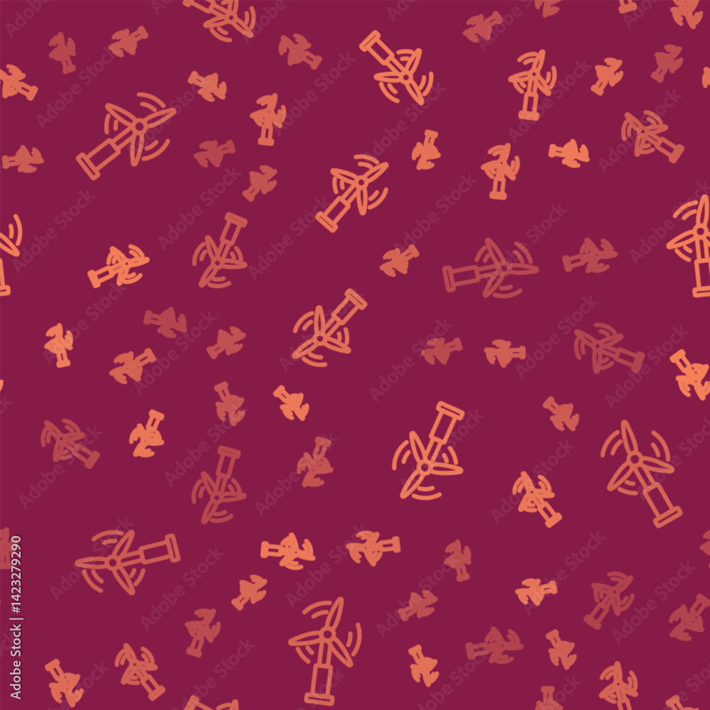 Poster brown line wind turbine icon isolated seamless pattern on red background. wind generator sign. windm