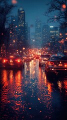 Fototapeta premium Nighttime cityscape through a car window, blurred lights and reflections, evoking a sense of urban solitude and quiet introspection.