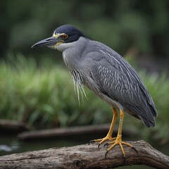 Yellow-crowned Night Heron bird on piece of wood