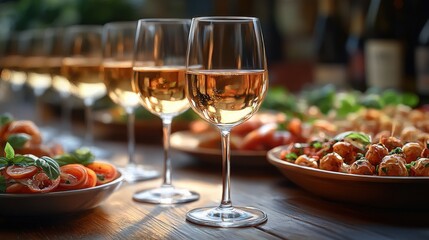 Elegant dining setup featuring glasses of white wine with gourmet appetizers in the background