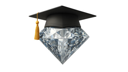 Jewelry Education Concept &ndash; Diamond with Graduation Cap, 3D Illustration on Transparent Background