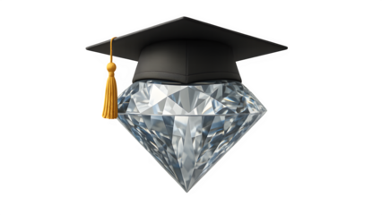 Jewelry Education Concept – Diamond with Graduation Cap, 3D Illustration on Transparent Background