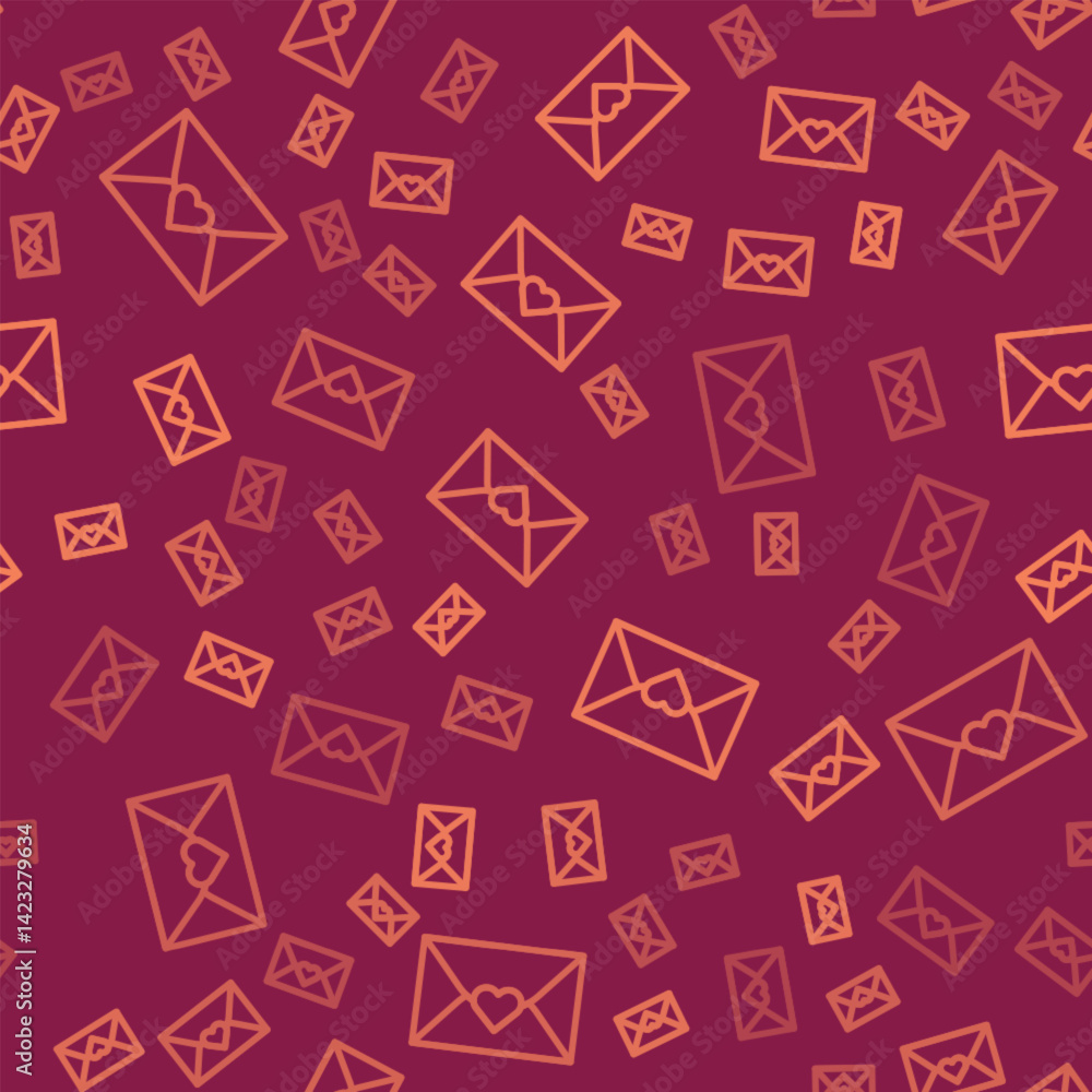Poster brown line envelope with valentine heart icon isolated seamless pattern on red background. message l