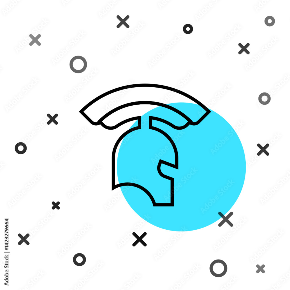 Poster black line roman army helmet icon isolated on white background. random dynamic shapes. vector