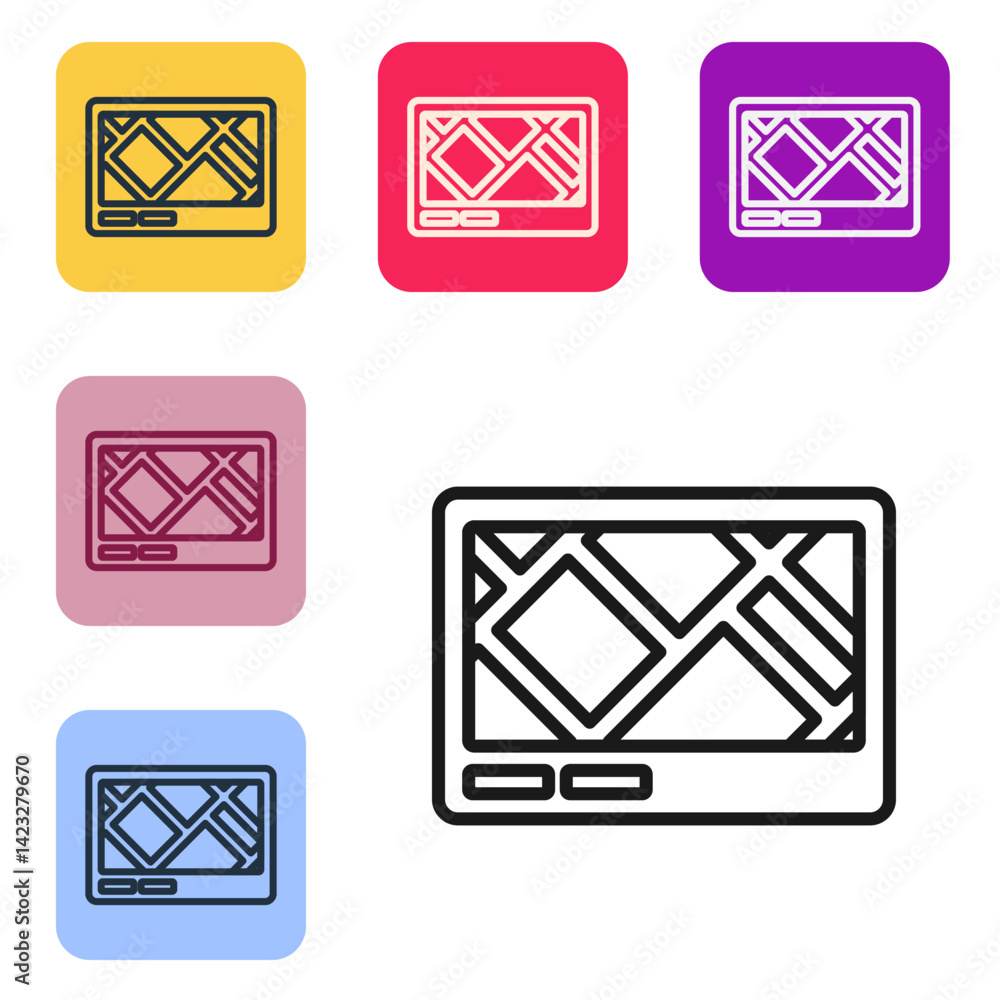Poster black line gps device with map icon isolated on white background. set icons in color square buttons.