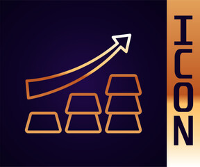 Gold line Finance growth chart arrow with gold bars icon isolated on black background. Financial success concept. Gold investment concept. Vector