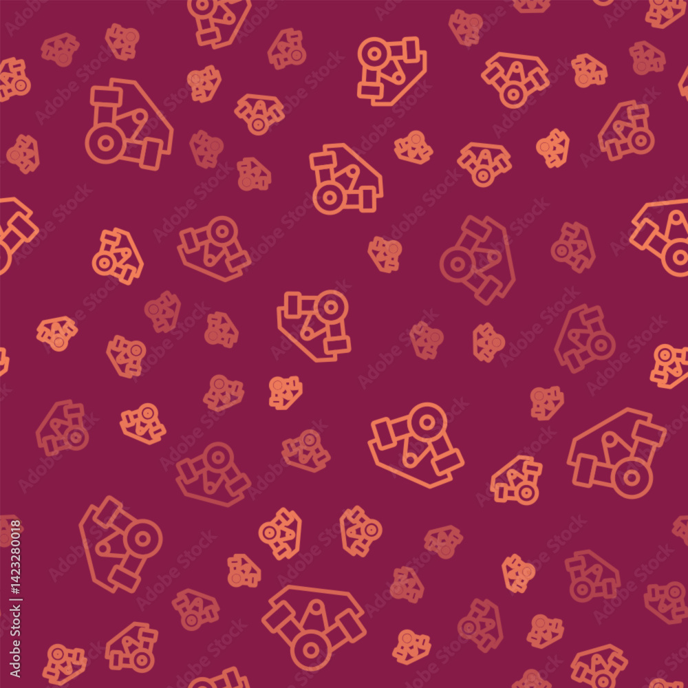 Poster brown line power car engine icon isolated seamless pattern on red background. vector